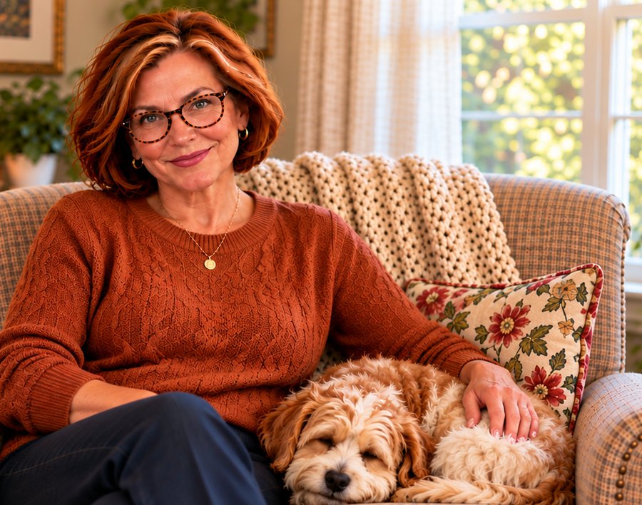 Della Mercer in her armchair with her dog